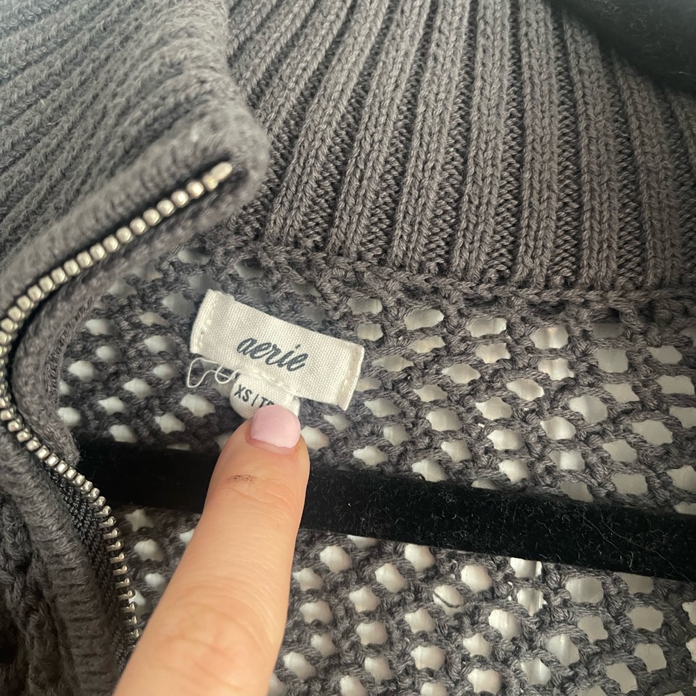 aerie Black Open-Knit Cropped Half-Zip Sweater charcoal gray - Picture 2 of 4